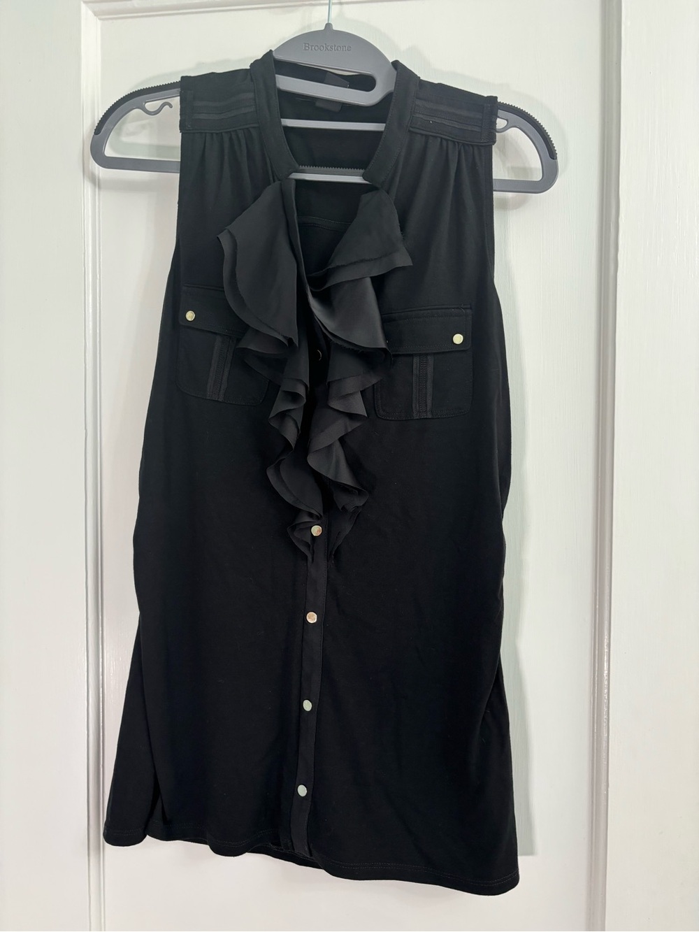 White House Black Market Black Ruffle-Front Sleeveless Blouse
